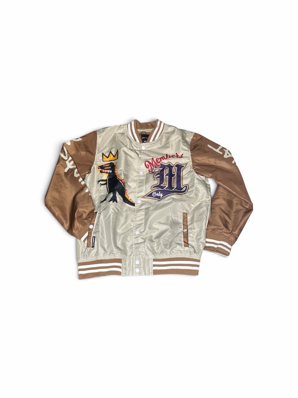 Members Only Beige and Brown Kids Varsity Jacket with Embroidered Patches